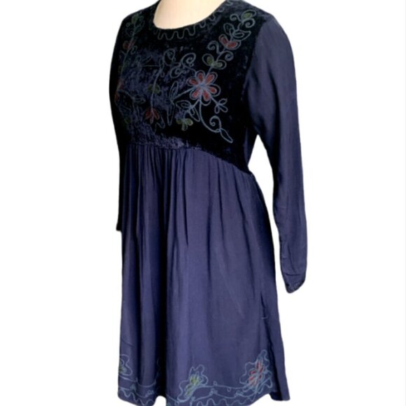 Sacred Threads BOHO Floral Embroidered & Velvet Dress One Size Blue #20C - Picture 4 of 8